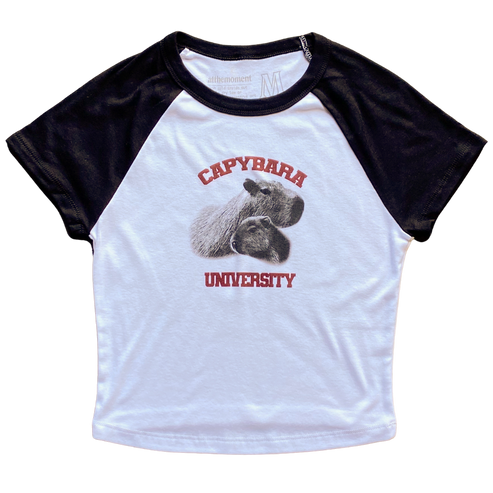 Capybara University Women   s Baby Rib Ladies Tee Shirt Outfit  For Men  For Women