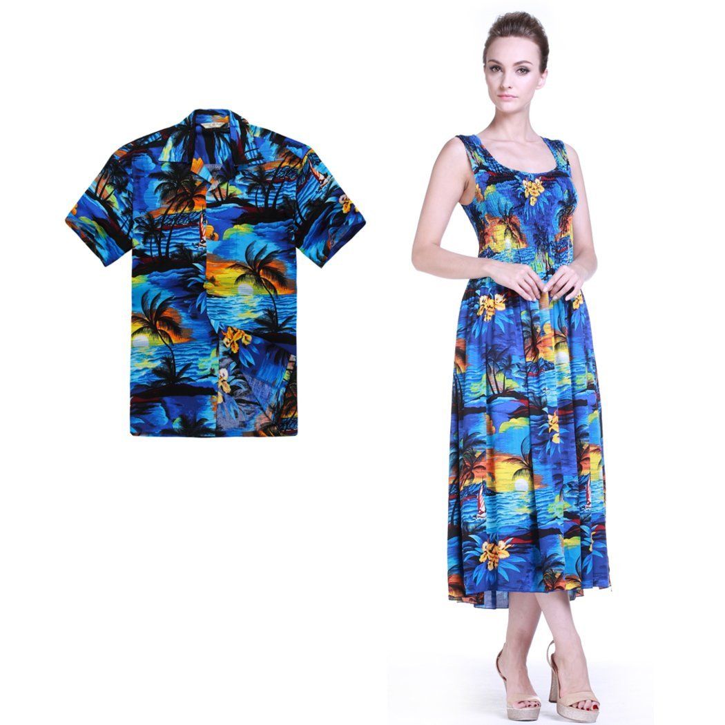 Couple Matching Hawaii Luau Aloha Shirt Plus Size Maxi Tank Dress In Sunblue Ha43687