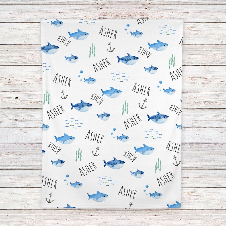 Baby Sharks Baby Blanket, Personalized Baby Blanket Gift, Toddler Blanket, Baby Shower Gift