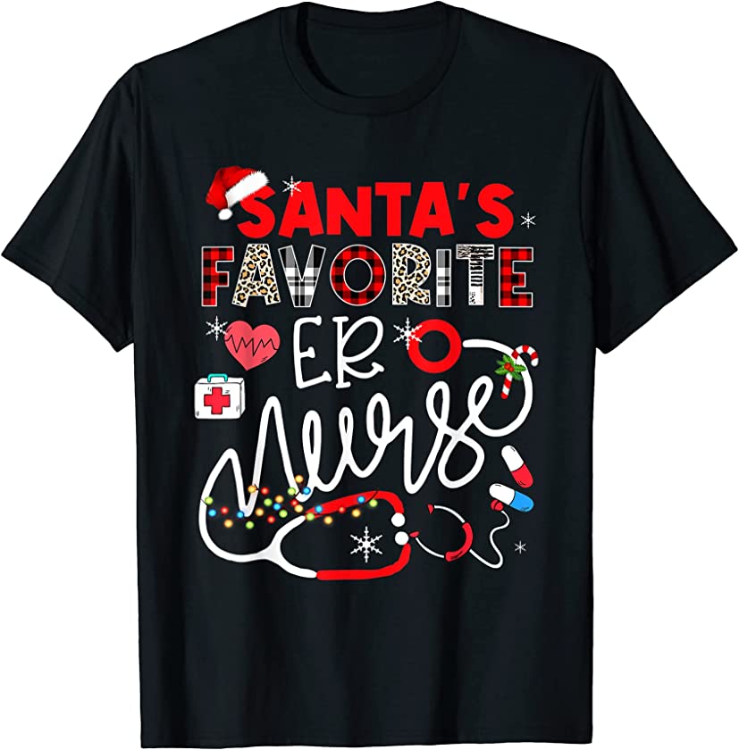 Santa’s Favorite ER Nurse Xmas Lights Leopard Plaid T-Shirt