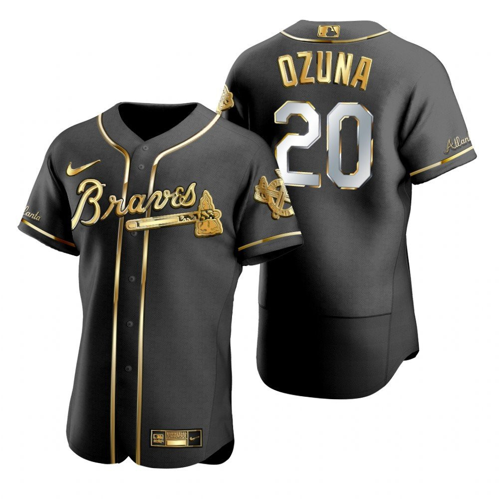 Atlanta Braves #20 Marcell Ozuna MLB Golden Brandedition Black Jersey Gift For Braves Fans