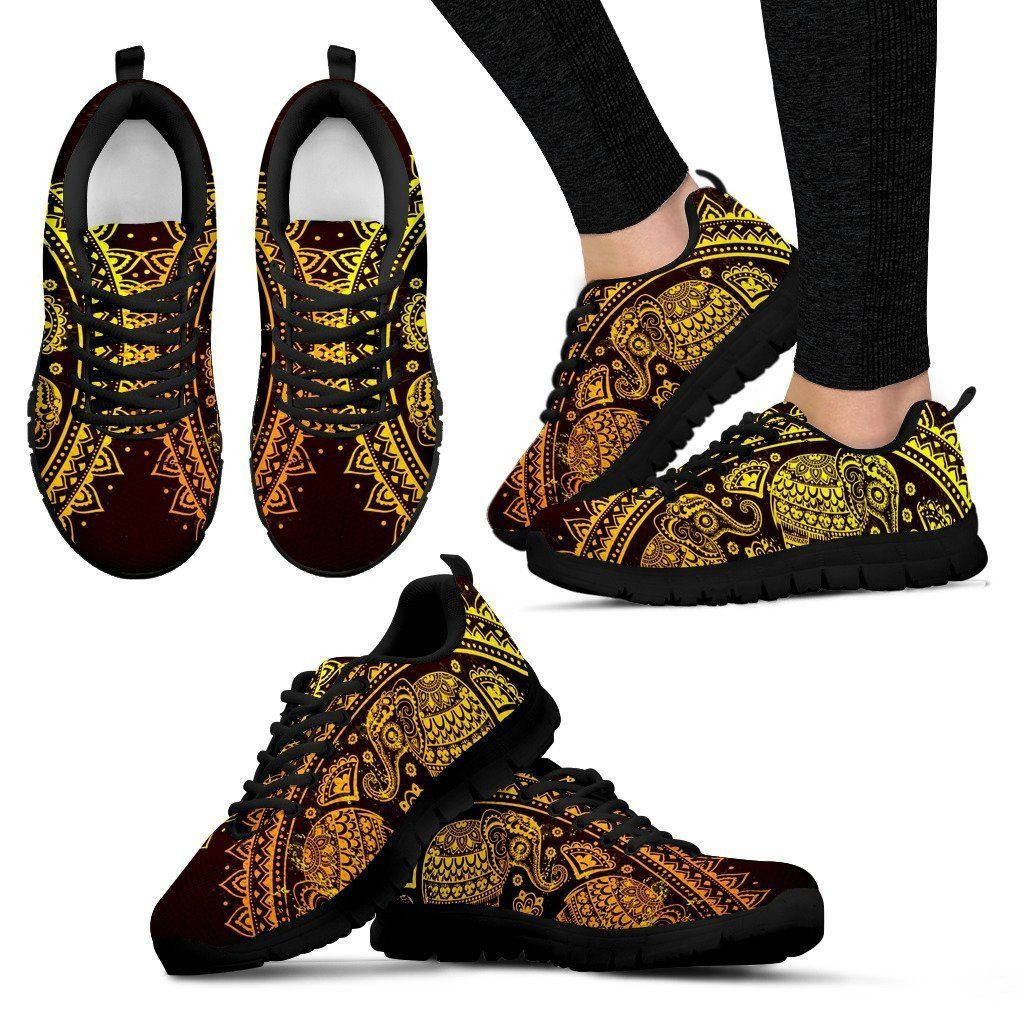 Gold Elephants Mandala Print Sneakers Shoes