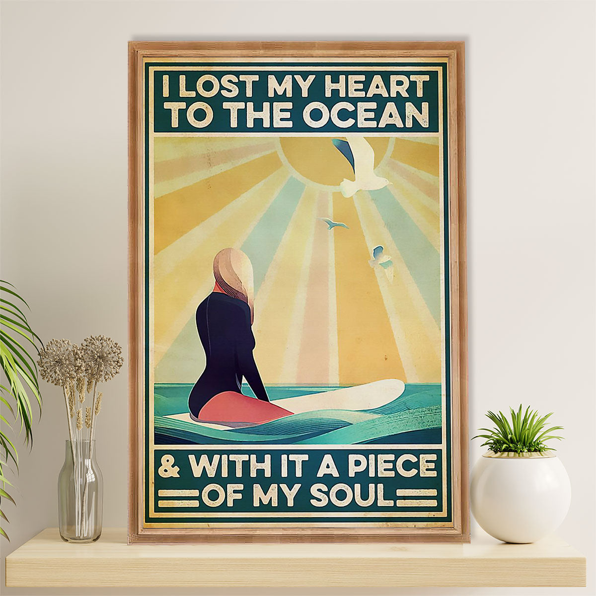 Water Surfing Canvas Wall Art Prints | Girl Lost Heart To The Ocean | Home Décor Gift For Beach Surfer