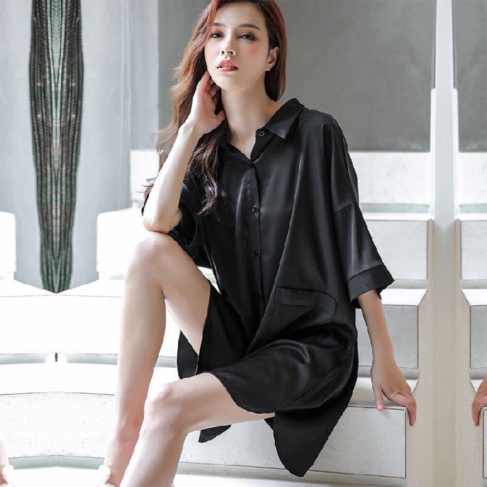 Summer Satin Silk Womens Sleepwear Shirt Night Gown Short Sexy Sleepshirt Black Lace Ladies Nightgown Shirt Girl Nightdress alx