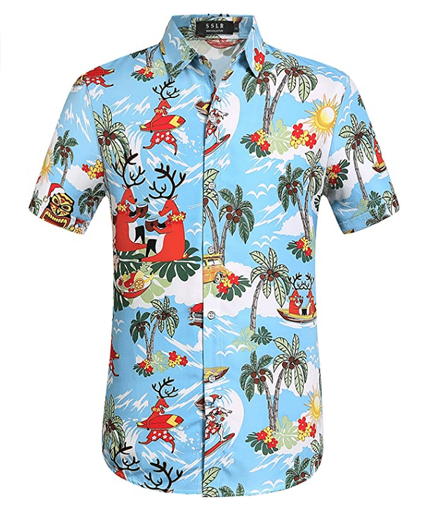 Christmas Hawaiian Shirt, Santa Claus Party Tropical Blue Button Up ...