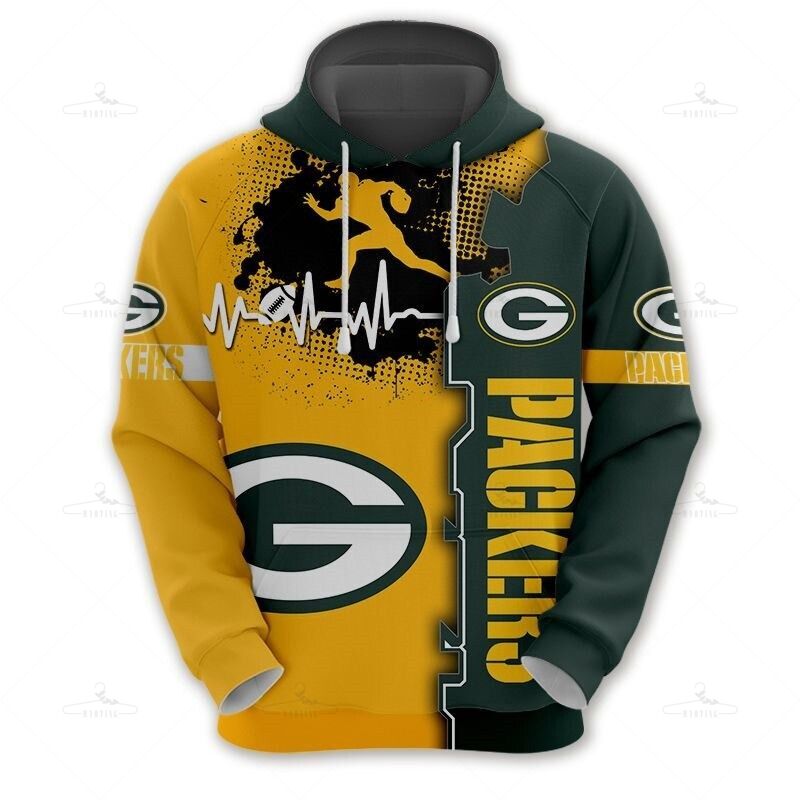 Green Bay Packers Hoodie Graphic Heart Ecg Line