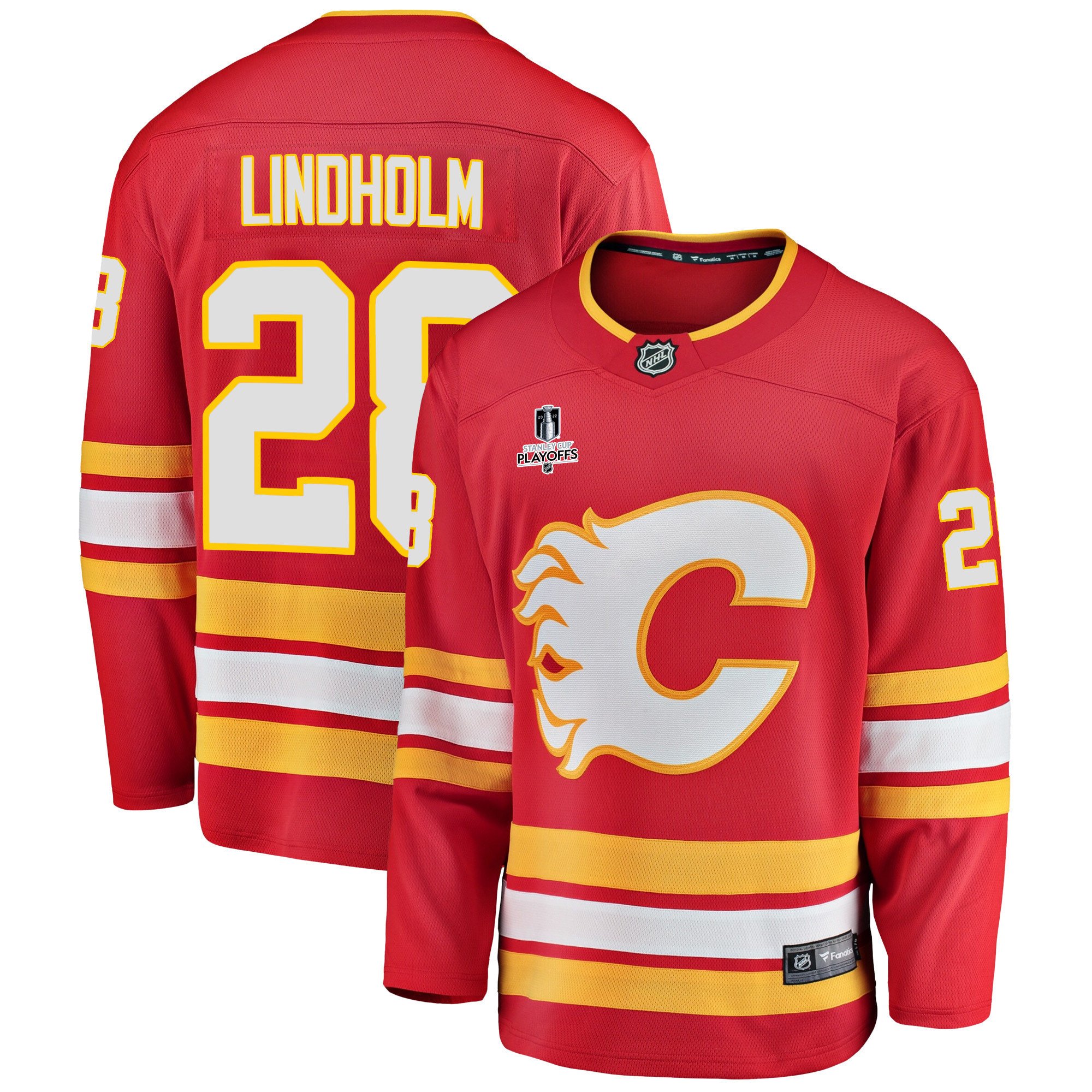 Calgary Flames Elias Lindholm 28 Home 2022 Stanley Cup Playoffs Breakaway Men Jersey – Red