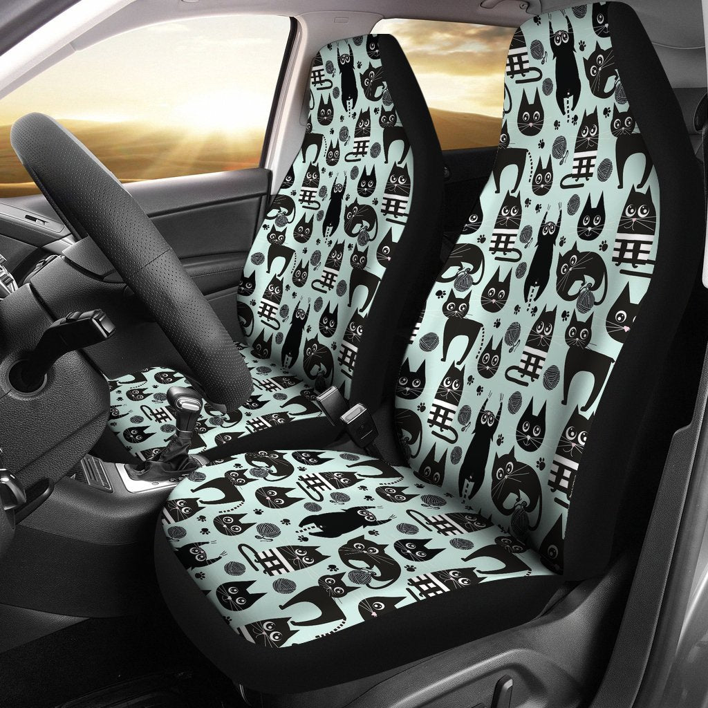 Black Kitten Cat Pattern Print Seat Cover Car Seat Covers Set 2 Pc, Car Accessories Car Mats