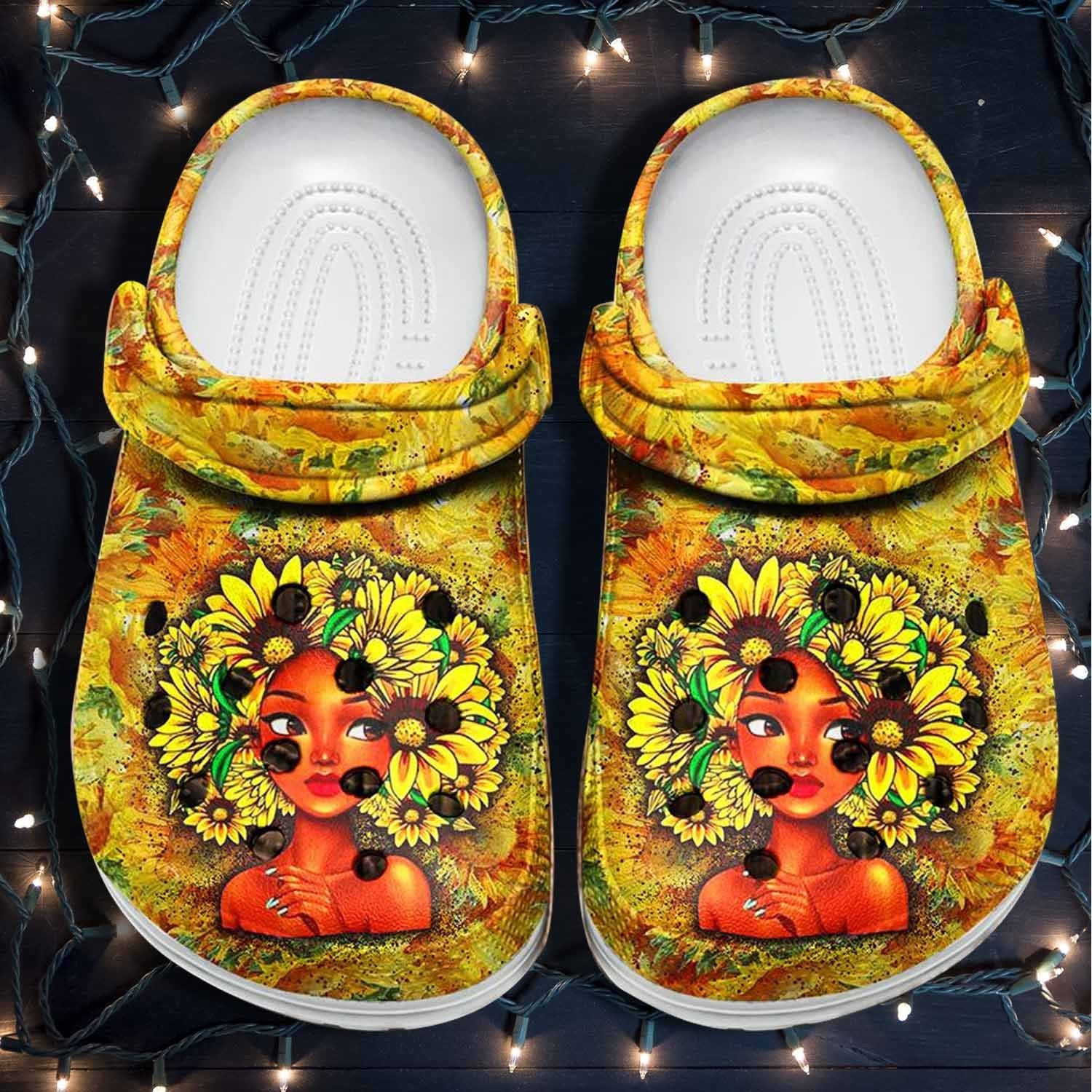 Sunflower Black Girl Hair Flower clogs Shoes Clogs – Black Queen Sunflower Outdoor clogs Shoes Clogs