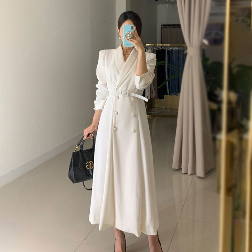 Vintage Suit Dress Elegant Spring Gift White Dresses For Women Casual Clothes Long Sleeve Strap Midi Dress Lolita Harajuku Robe alx