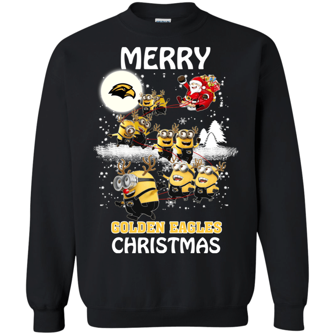 Ultimate Southern Miss Golden Eagles Minion Ugly Christmas Sweaters Santa Claus With Sleigh Hoodies Sweatshirts