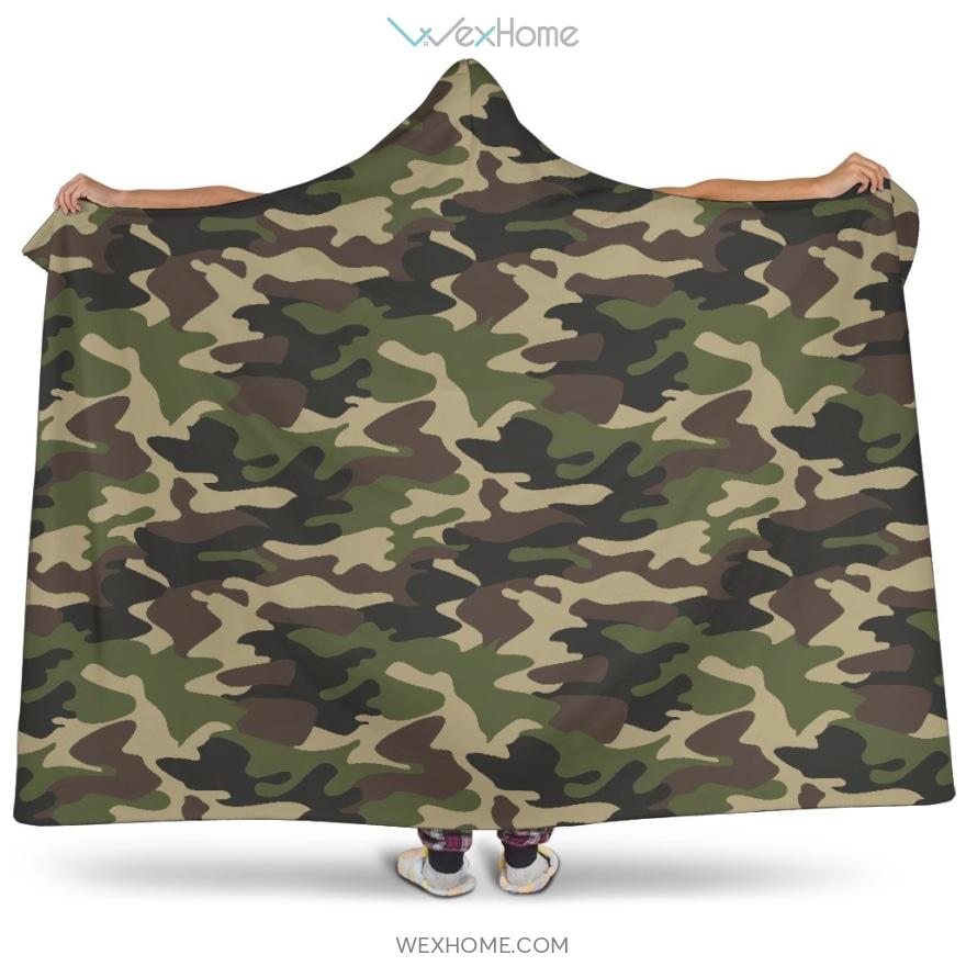 Dark Green Camo Camouflage Pattern Hooded Blanket