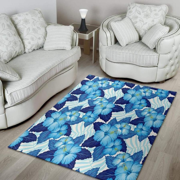 Hibiscus Blue Hawaiian Print Area Rug