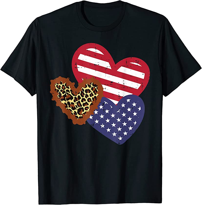 American Flag Hearts Leopard Fourth. 4th Of July Women Girls T-Shirt