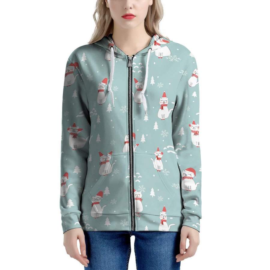 Christmas Cat Print Women’s Zip Up Hoodie