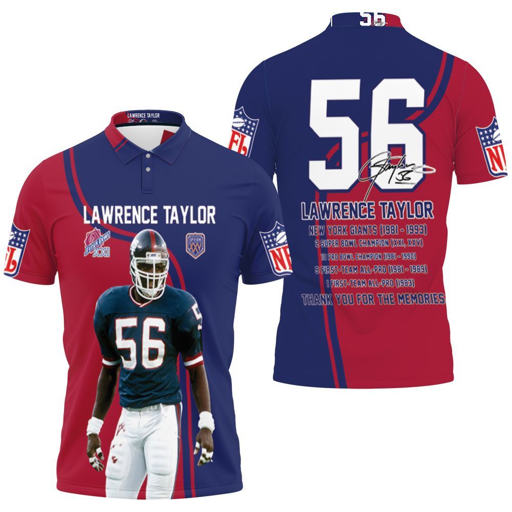 New York Giants Lawrence Taylor 56 Signature 3D Jersey Polo Shirt