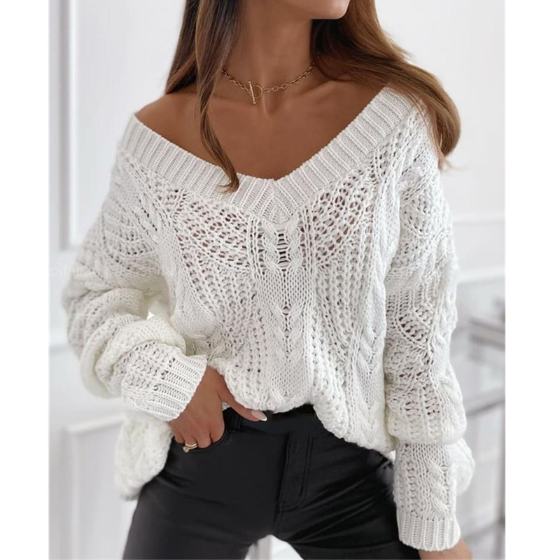 Women’s Winter Casual Sexy Sweater V-neck Slouchy Style Relaxed Hollow European and American Pullover Mohair Solid Sweater alx