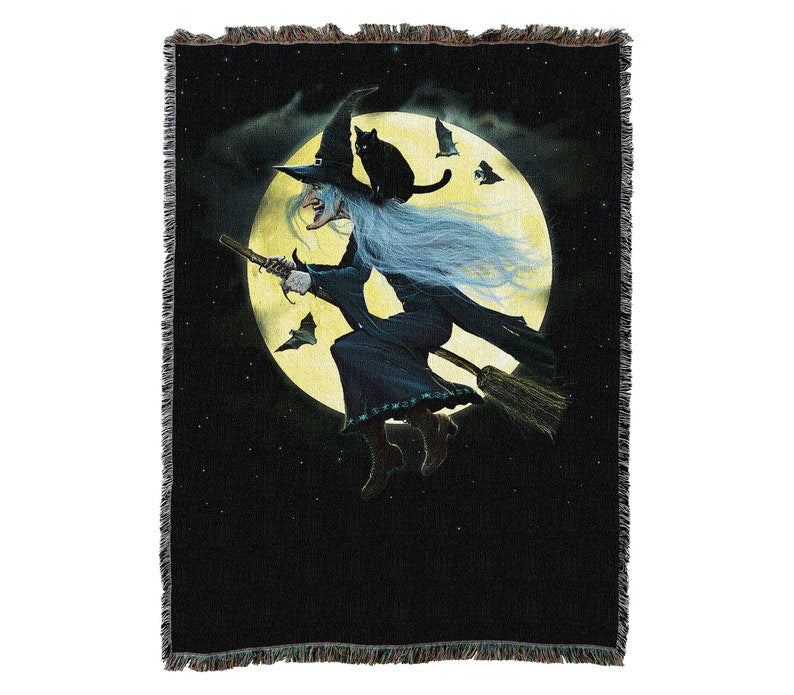 Witch Riding Broom Over The Moon Vintage Retro Style Couch Sofa Blanket,  Woven Throw Blanket Home Decor