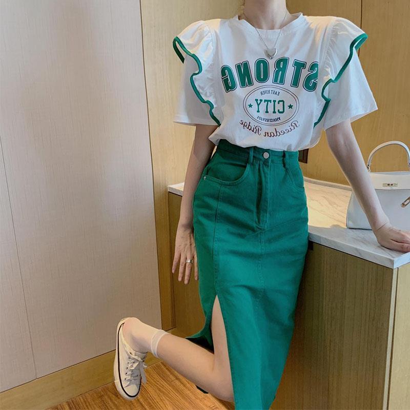 Summer New Women Two-piece Suit Loose Casual Print T-shirt and High Waist Slit Denim Skirt 2 Piece Set Womens Outfits E80 alx