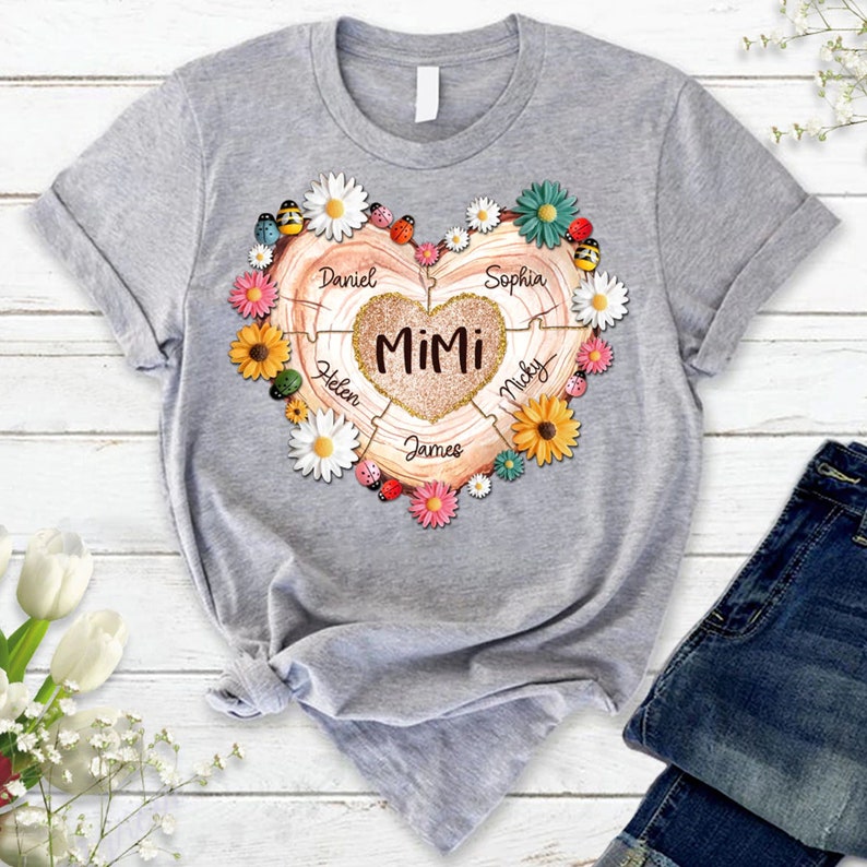 Mimi And Grandkids Flower Heart Shirt, Gift For Grandma, Personalized Grandma Shirt, Nana Shirt, Mother’S Day Shirt, Nana Tee, Mimi Shirt