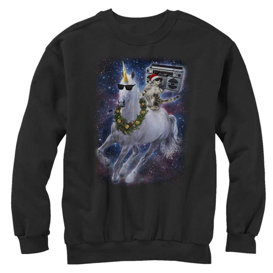 Lost Gods Women’s Ugly Christmas Cat Unicorn Space Song  Sweatshirt Black