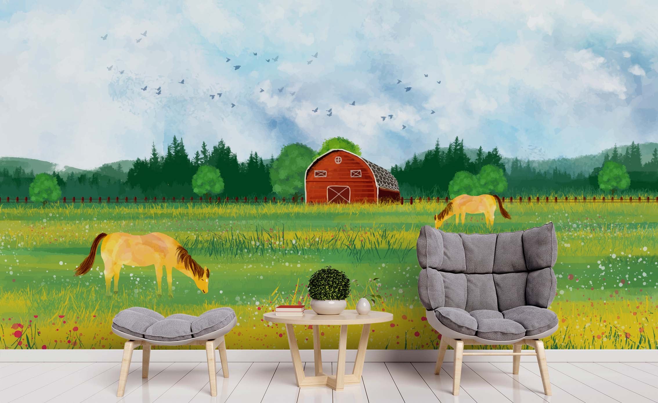 3D Cartoon Beautiful Grassland Animals Horse Green Wall Mural Wallpaper Zy D111