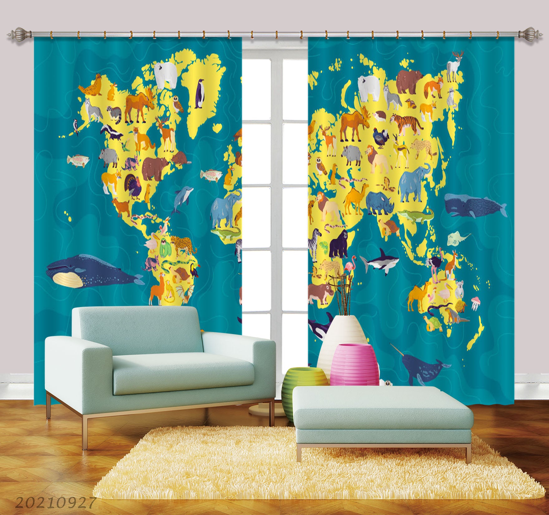 3D Blue World Map Animals Kids Curtains And Drapes Lqh 221