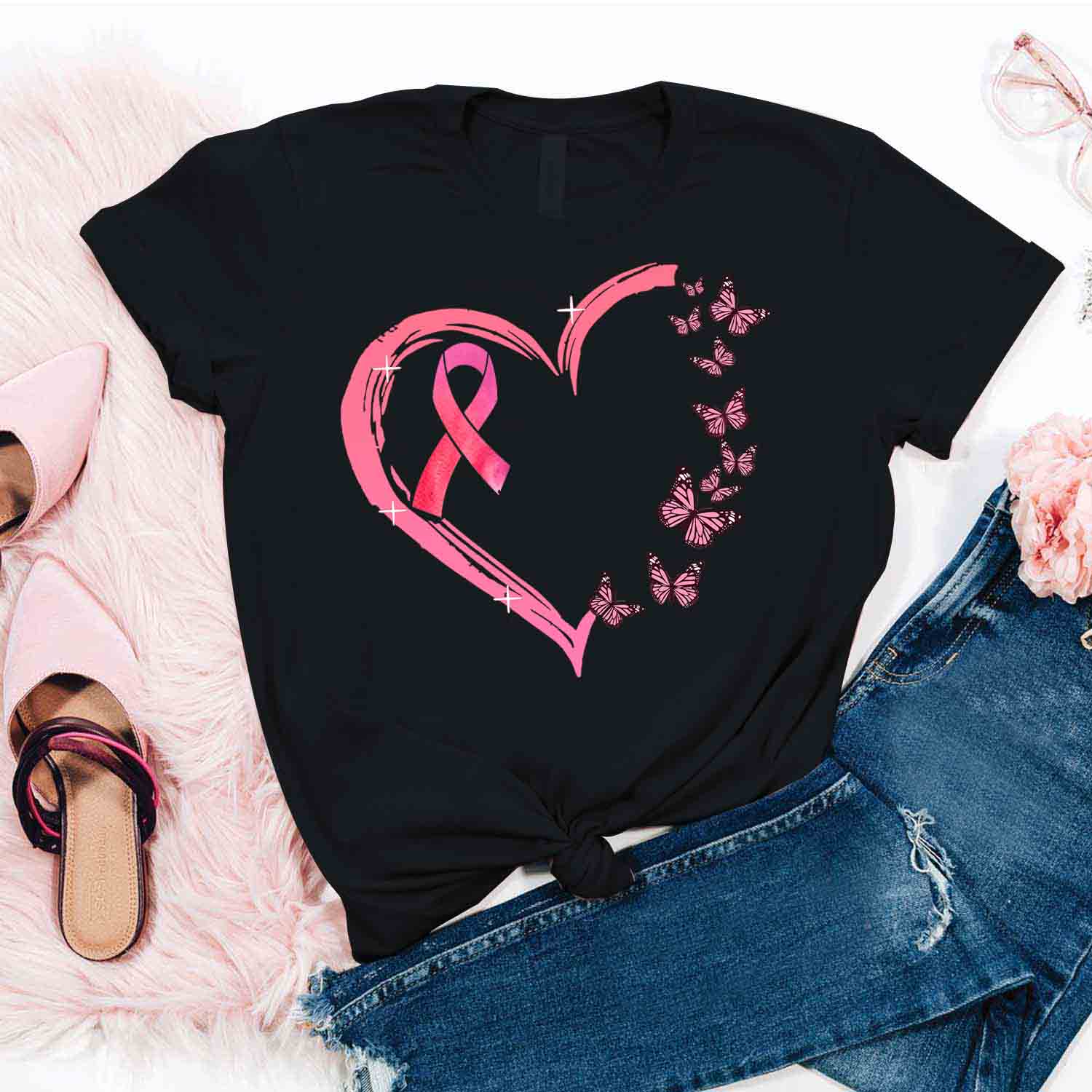 Girly Heart Butterflies Shirt – Breast Cancer Awareness T-Shirt Gifts For Mom Daughter Friends Hoodies Sweater Pink