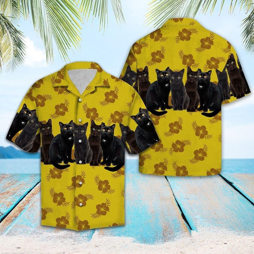 Black Cat Yellow Floral Summer Hawaii Shirt Ha30214