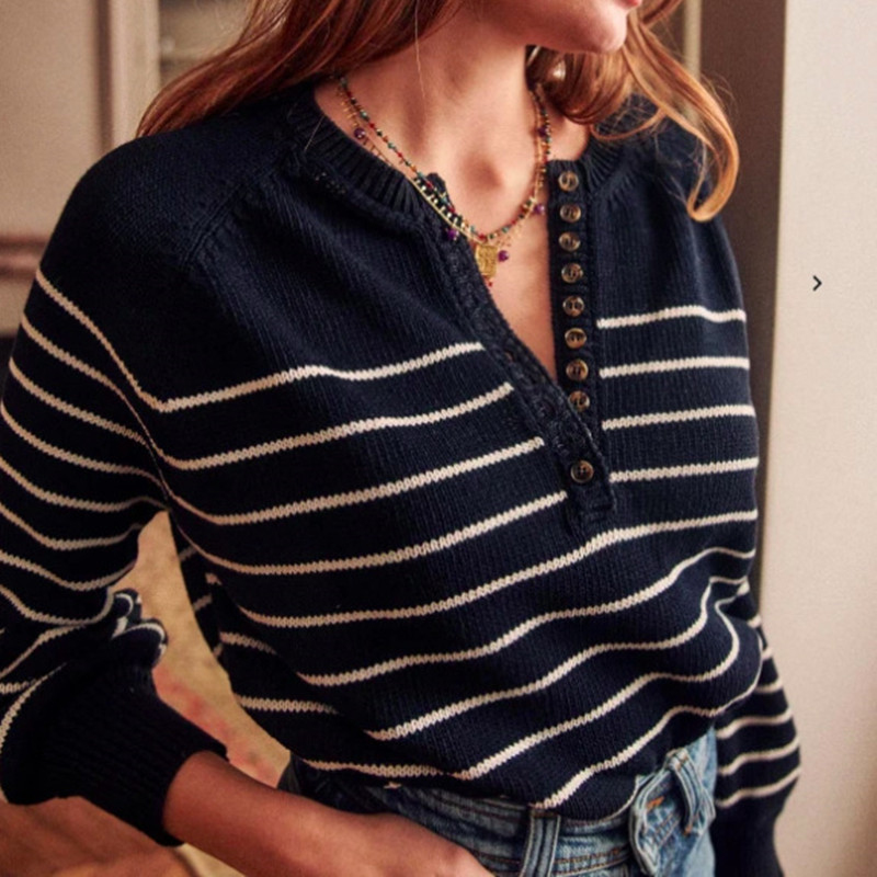 Women Long Puff Sleeve Stripes Sweater O-Neck Buttons All-Match Fall Winter 2022 Female Loose Jumpers alx