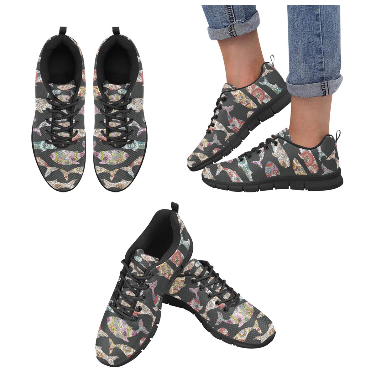 Whale Flower Tribal Pattern Women’s Sneakers Black