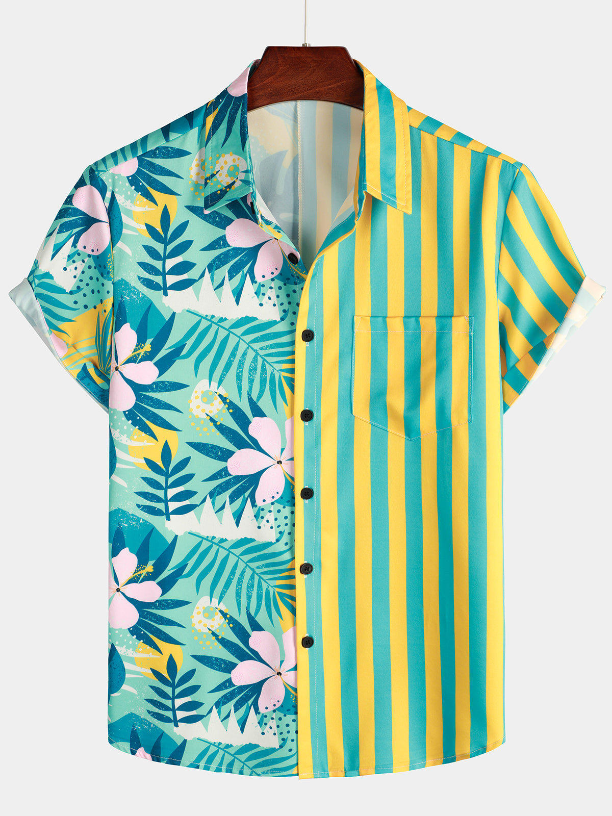 Tropical Floral Print Yellow And Green Striped Beach Short Sleeve Hawaii Button Up Shirt Ha78053