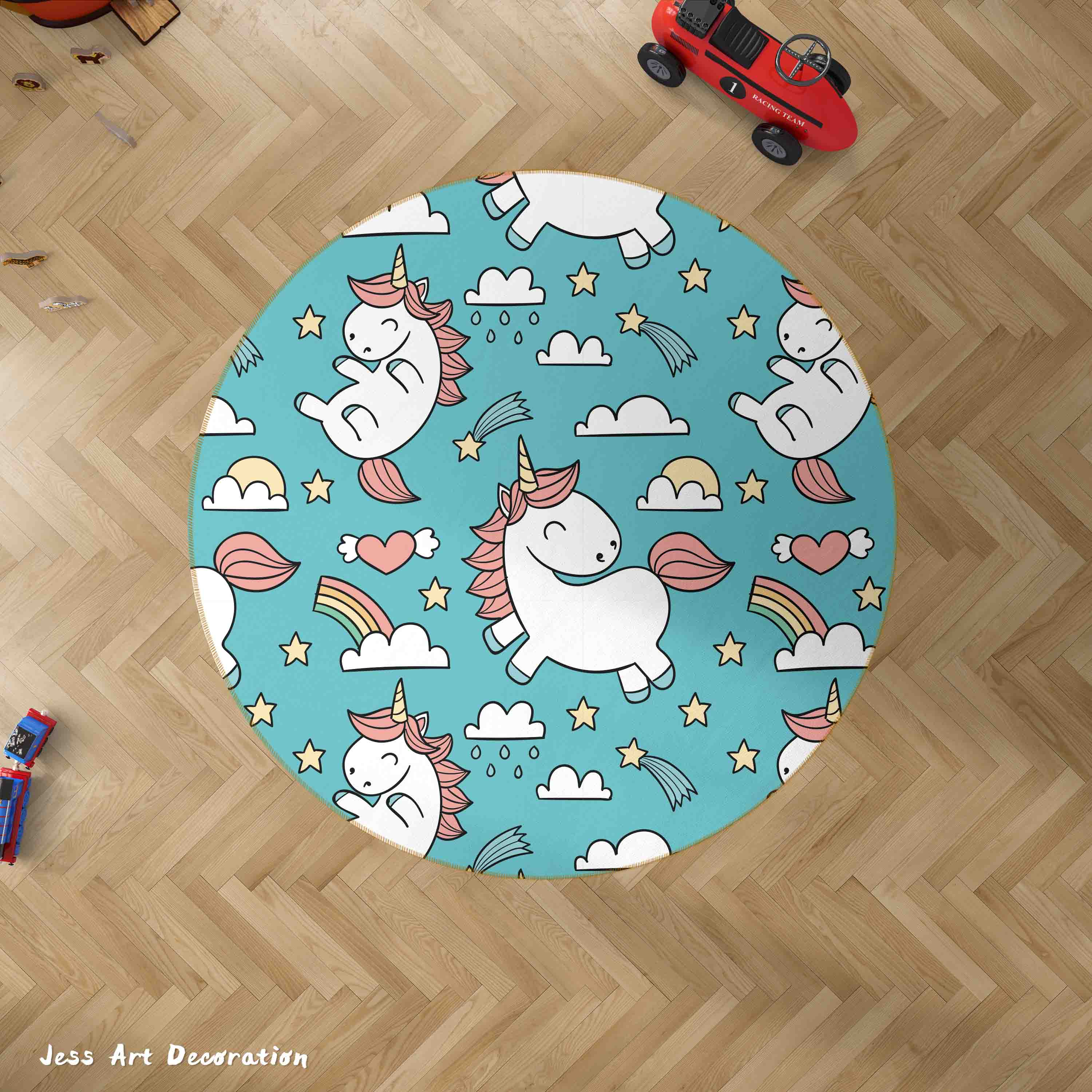 3D Cartoon Animal Unicorn Rainbow Kids Non-Slip Round Rug Mat 45