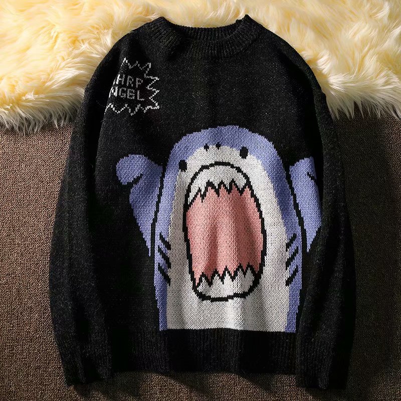 Winter Men Turtlenecks Shark Sweater Men Patchwork Harajuku Korean Style High Neck Oversized Grey Turtleneck Women Couple Cloth alx