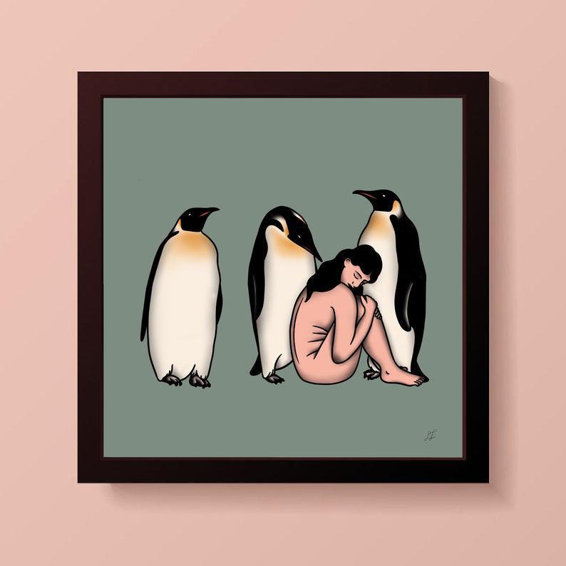 Nude Woman And Three Emperor Penguins Poster