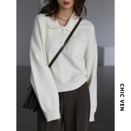 CHIC VEN Fashion Vintage Polo Collar Short Sweater Solid Straight Women’s White Jumpers Office Lady Pullovers Spring Autumn 2022 alx