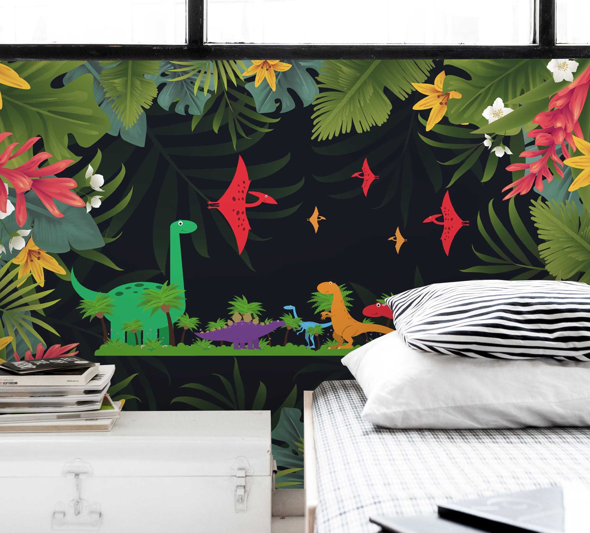 3D Dinosaur Bat Green Leaf Wall Mural Wallpaper 2