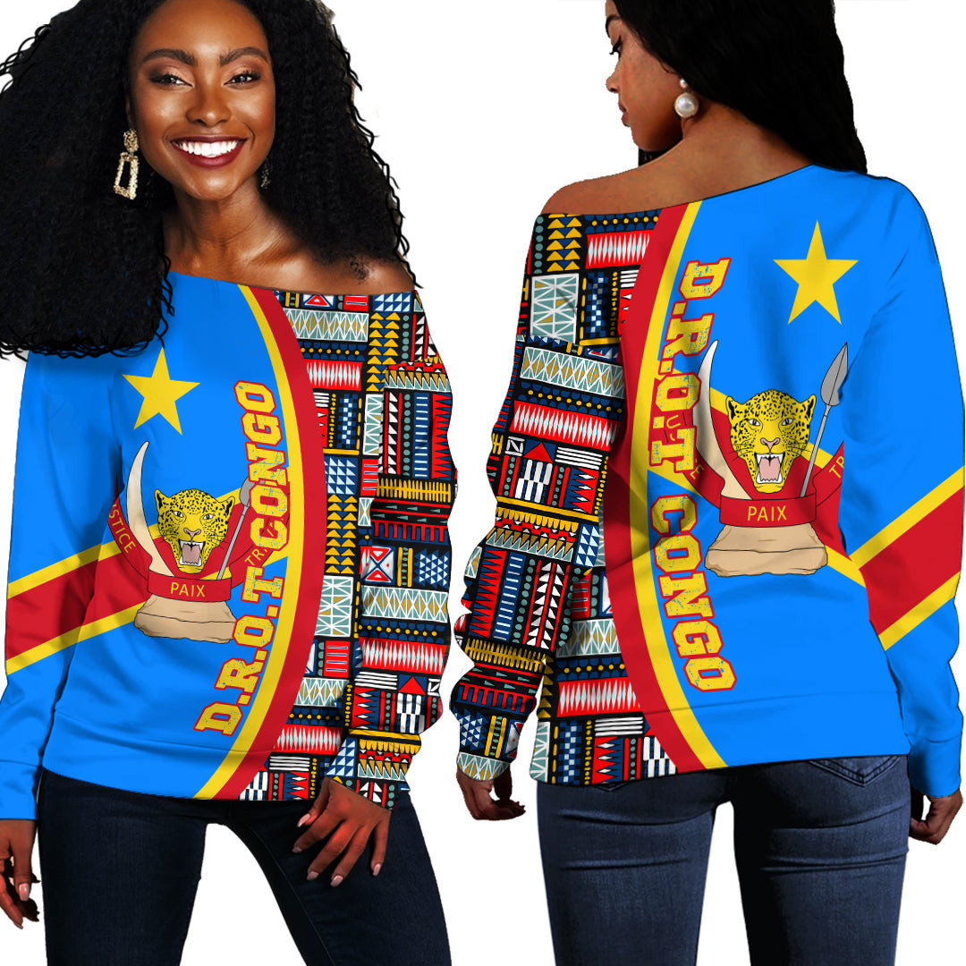 Africazone Clothing – D.R Congo Flag And Kente Pattern Special Women’S Off Shoulder Sweaters A35