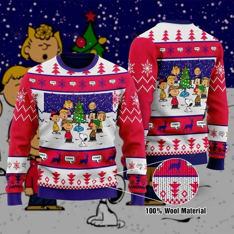 Unifinz Snoopy Christmas Ugly Sweater Snoopy Charlie Brown Peanuts Characters Christmas Night Pink Blue Sweater 2022