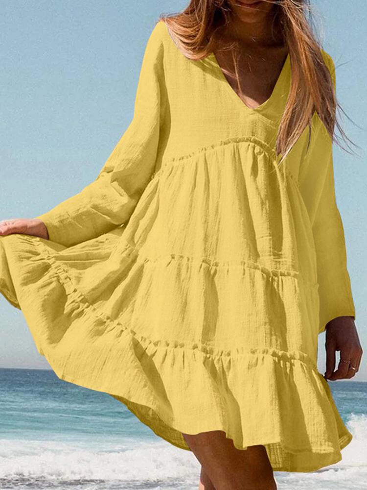 ZANZEA Summer Holiday Ruffles Mini Dress Fashion Women V Neck Long Sleeve Beach Sundress Casual Loose Solid Party Vestidos Robe alx