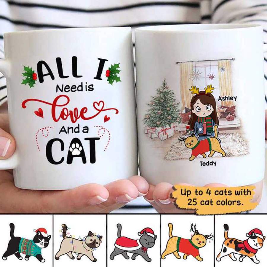 Cartoon Girl Loves Christmas And Cats Personalized AOP Coffee Mug