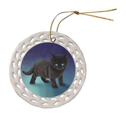 Black Kitten Cat Christmas Doily Ceramic Ornament