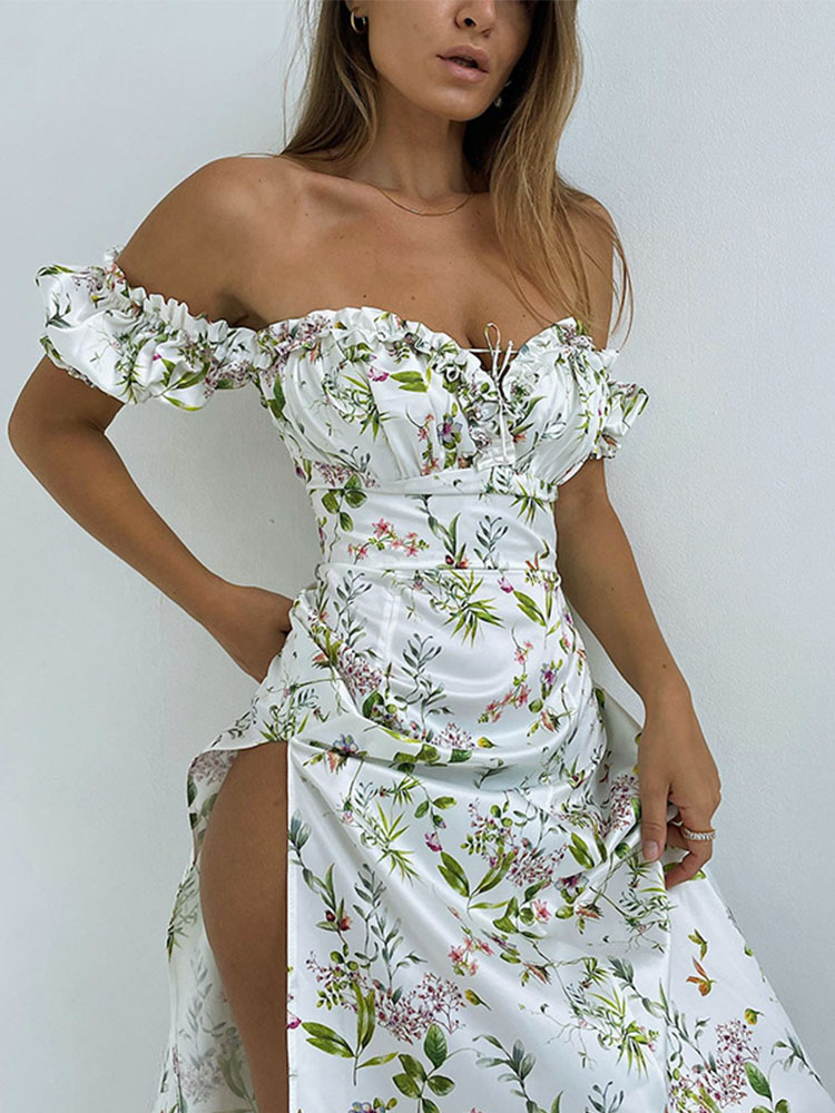 Summer Floral Off Shoulder Puff Sleeve Maxi Dress For Woman Robe Sexy Lace Up Side Split Chic Mid-Calf Aesthetic Dress alx