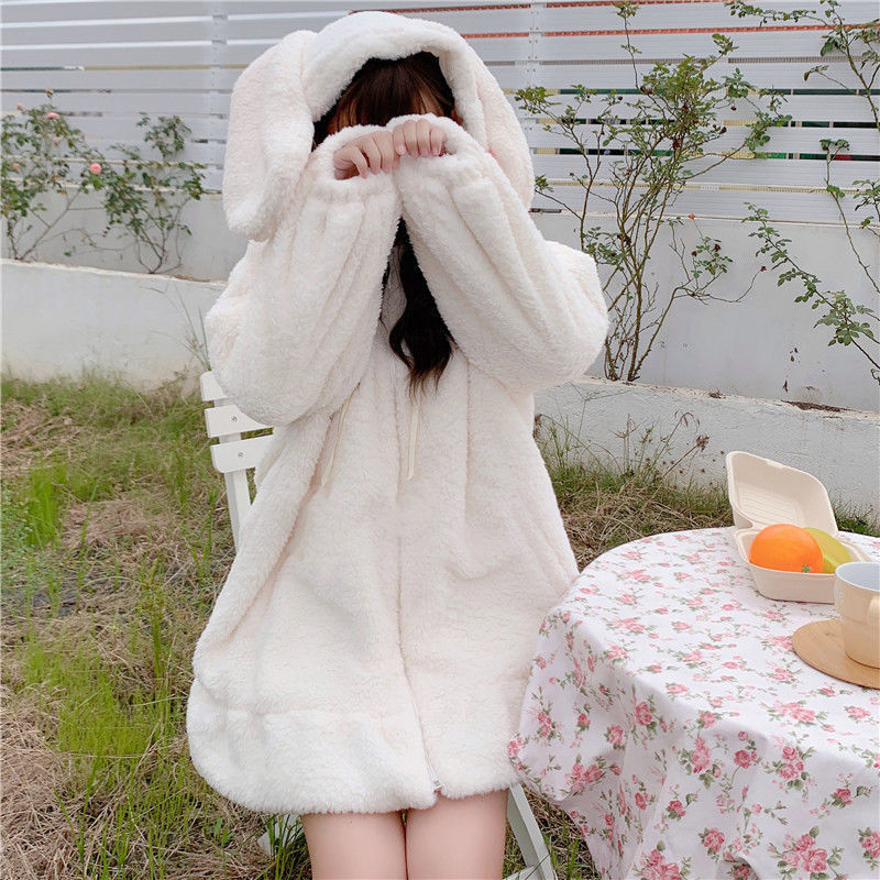 Deeptown Lamb Wool Kawaii Zip Up Hoodies Women Solid Rabbit Ears Hooded Sweatshirts Thick Warm Long Sleeve Loose Top Autumn 2022 alx