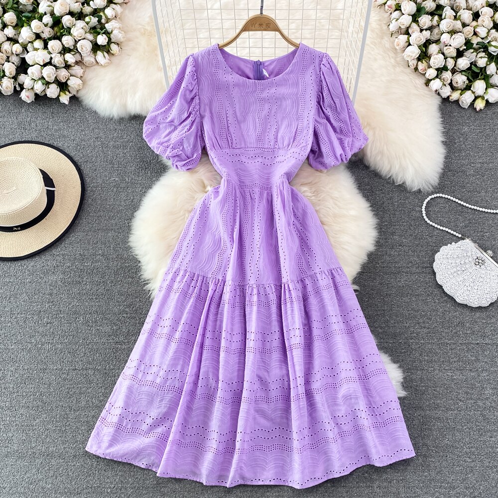 2022 New Summer Women O-Neck Puff Sleeve Slim Dress High Quality Embroidery Hollow Out Big Hem Elegant Dress alx