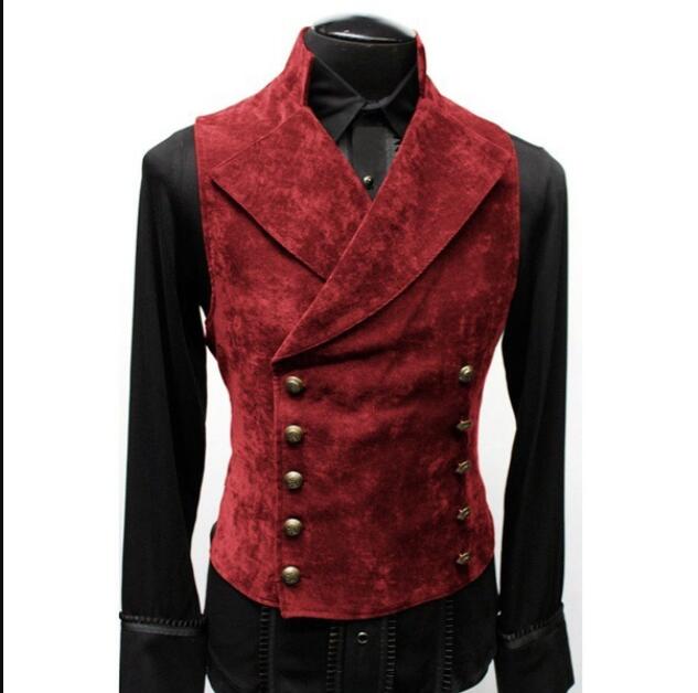 Vintage Suede Mens Victorian Double Breasted Vest Gothic Steampunk Slimfit Rock Star Punk Waistcoat Performance Stage Costume alx