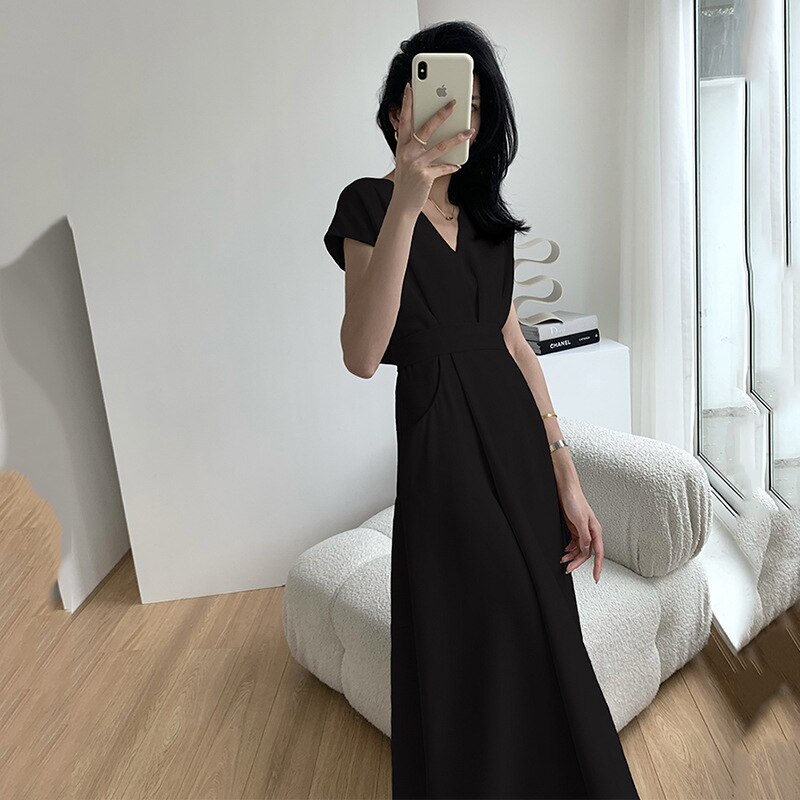 Autumn Maxi Dresses for Women French Fashion Elegant Dress Belt Solid Color V-neck Office Lady Spring Simplicity Long Clothing alx