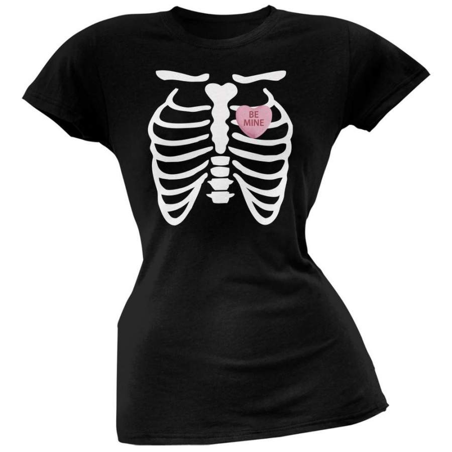 Skeleton Be Mine Candy Heart Black Soft Juniors T-Shirt