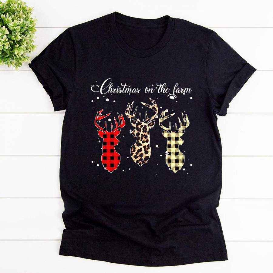 Reindeer christmas christmas on the farm leopard plaid black cotton t shirt for men and women S-6XL