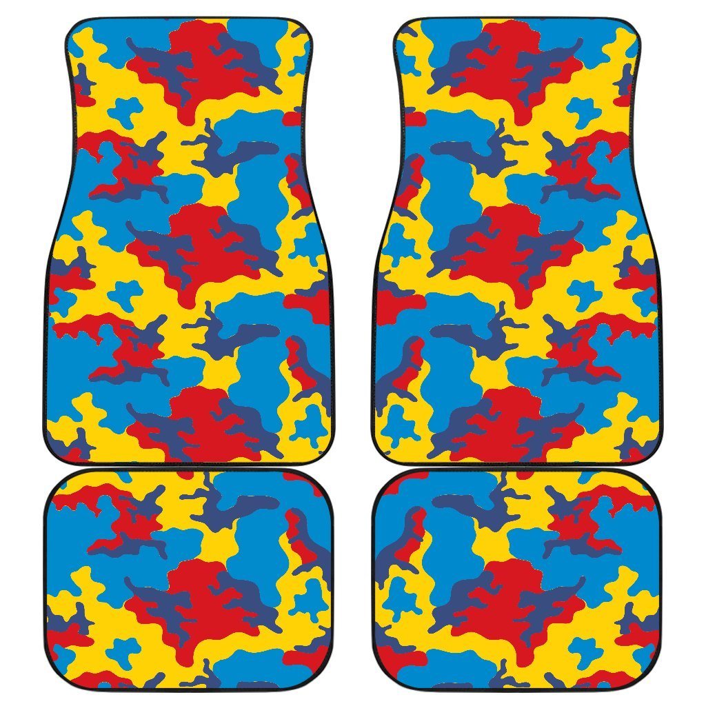 Red Yellow And Blue Camouflage Print Front And Back Car Floor Mats, Front Car Mat